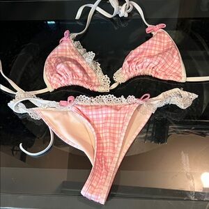 Pink Gingham Lace Trim Bikini Set